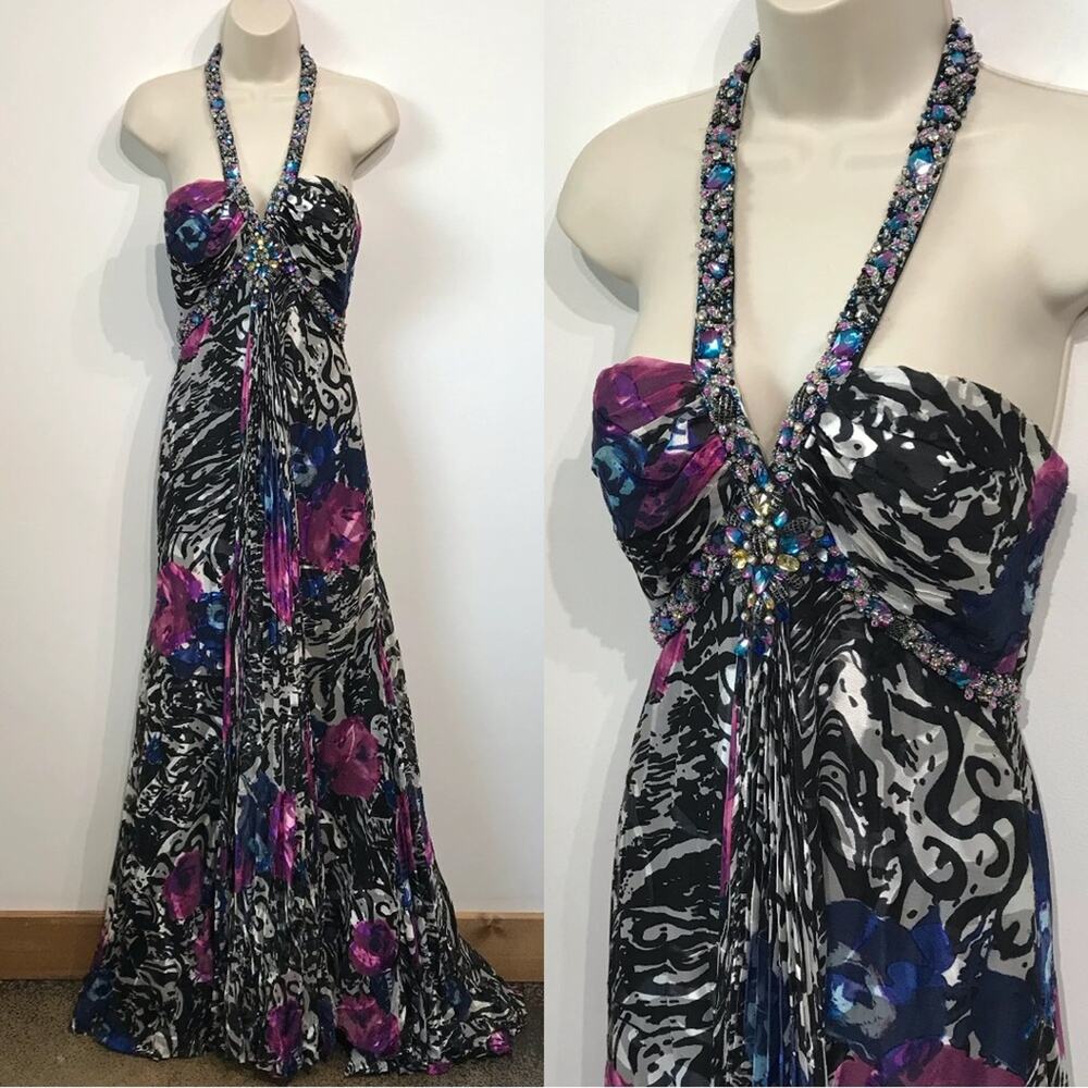 Vintage Tony B Crystal Embroidered Slinky Halter Open Back Gown Formal Dress 4